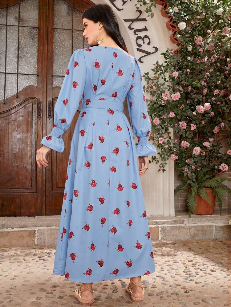 Women's Floral Printed Dress With Sweetheart Collar