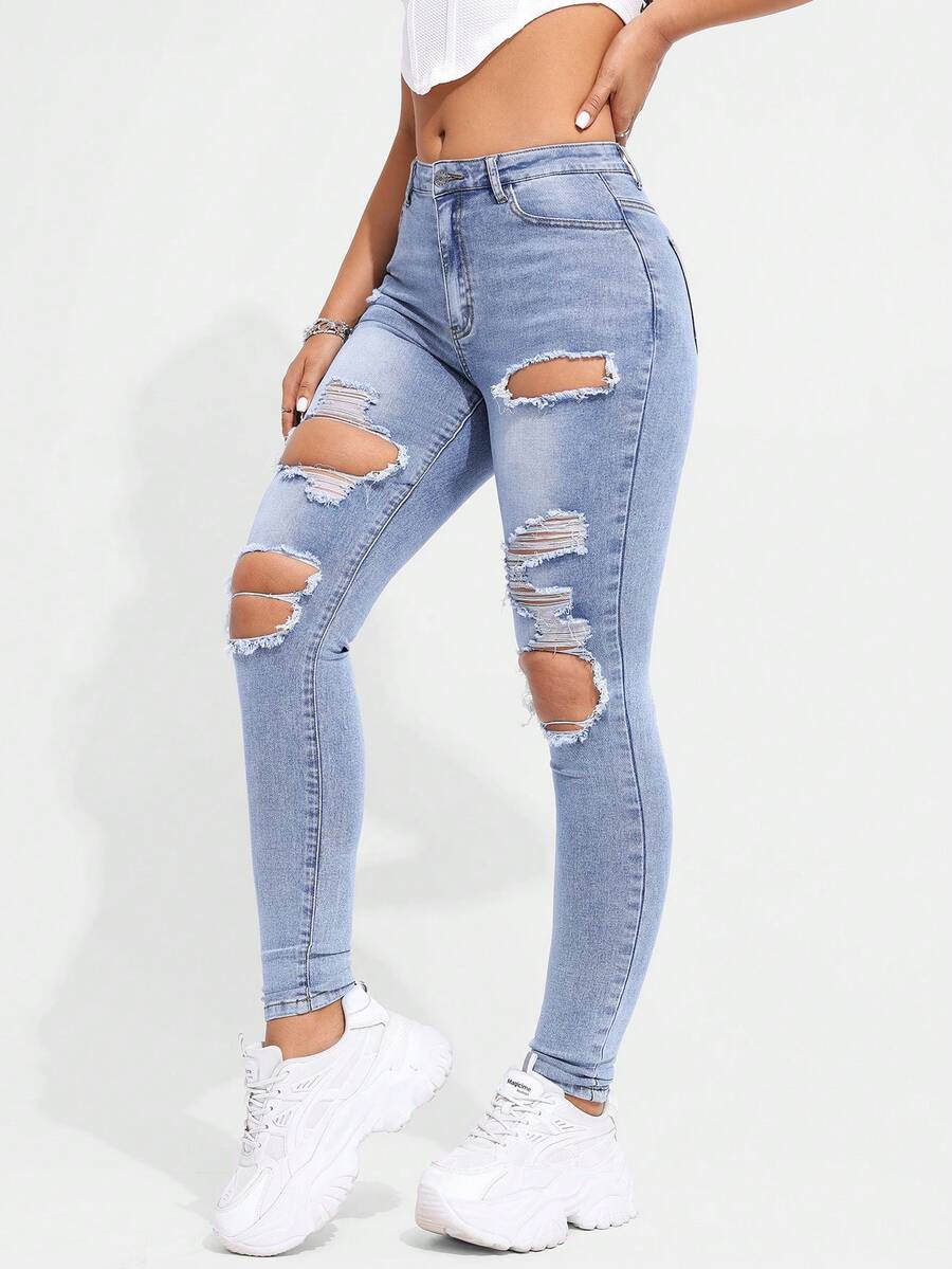 SHEIN Essnce Đau khổ Denim mùa giặt Denim Quần jean - Rửa nhẹ - Xem 1