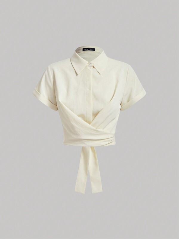 SHEIN MOD Vintage Apricot Cross Hem Short Sleeve Blouse Cropped Shirtstie Front Topbow Shirtcropped Shirt