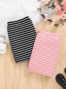 2pcs/Pack Young Girls' Striped Skirt Two Pieces Set, School, Campus, College - Pink - View 2