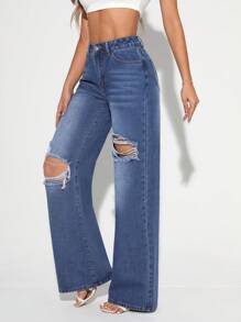 SHEIN Tall Jeans Déchirés À Coupe Ample Pour Femme - Jean bleu - Voir 4