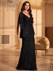 UNITHORSE 女士雪纺长袖亮片连衣裙派对礼服婚礼宾客礼服正式礼服晚礼服、新娘礼服、生日服装、毕业礼服、长袍 - 黑色 - 查看 4