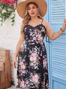 SHEIN VCAY Vestido De Playa Floral Con Encaje Y Correas Entrecruzadas En Tallas Grandes Para El Día De San Valentín - Negro - Ver 3