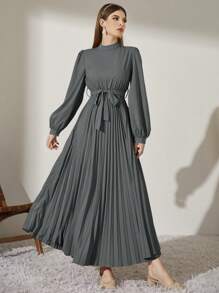 Modelyn Women's Stand Collar Long Sleeve Pleated Hem Modest Dress - Grey - View 3