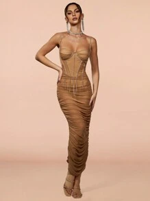 Vestido ajustado con diseño de diamante de imitación fruncido - Caqui - Ver 1