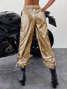 SHEIN Cottnline Ladies' Solid Color Metallic Cargo Pants - Bronze - View 3