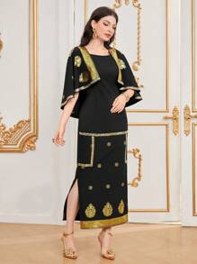 Al Najma Gold Foil Printed Dress - Black - View 7