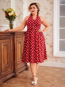 Vintamour Vintage Elegant Plus Size Polka Dot V-Neck Bow Tie Waist Ruched Flare Dress - Red - View 4