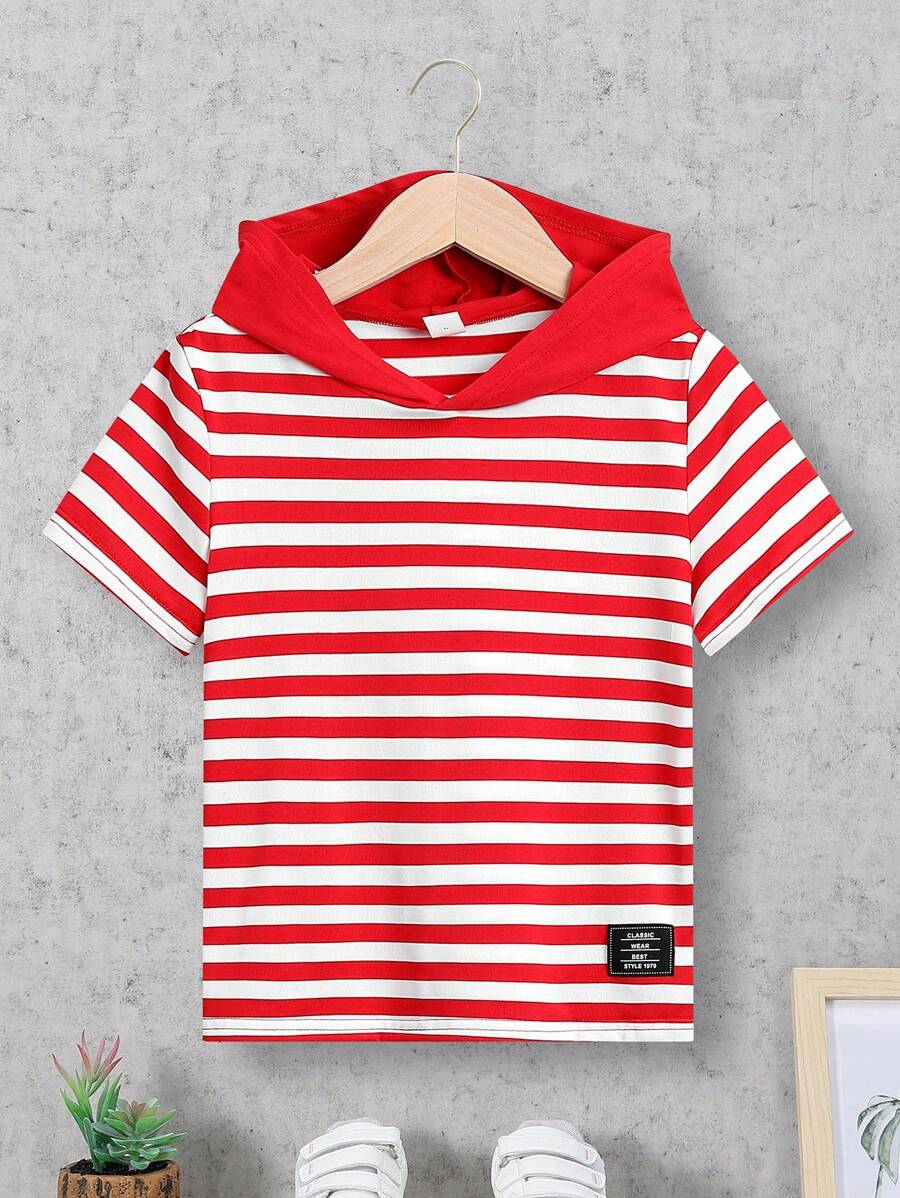 SHEIN 童裝男孩條紋短袖帽t恤 - 紅色 - 查看 1