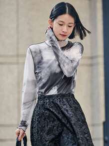 FRIFUL 女式扎染长袖高领上衣 - 灰色 - 查看 7