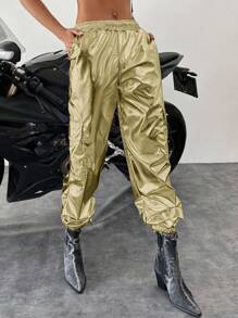 SHEIN Cottnline Women'S Solid Color Metallic Cargo Trousers - Gold - View 5