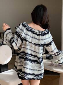 DAZY 荷叶边条纹喇叭袖衬衫，秋装长袖上衣