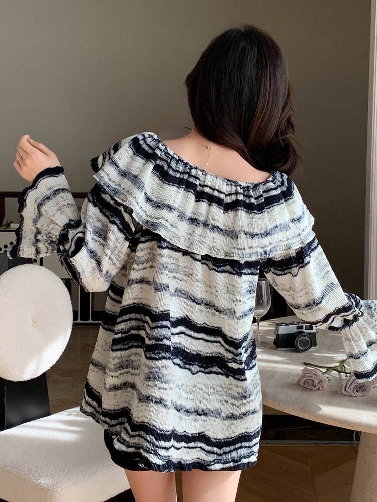 Ruffle Striped Bell Sleeve Blouse,Fall Clothes Long Sleeve Top