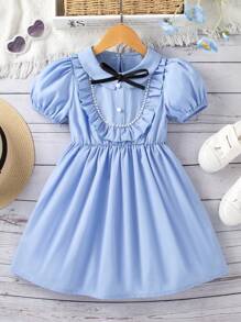 SHEIN Vestido De Manga Abullonada Y Detalles Con Cuentas Para Niñas Jóvenes - Azul - Ver 1