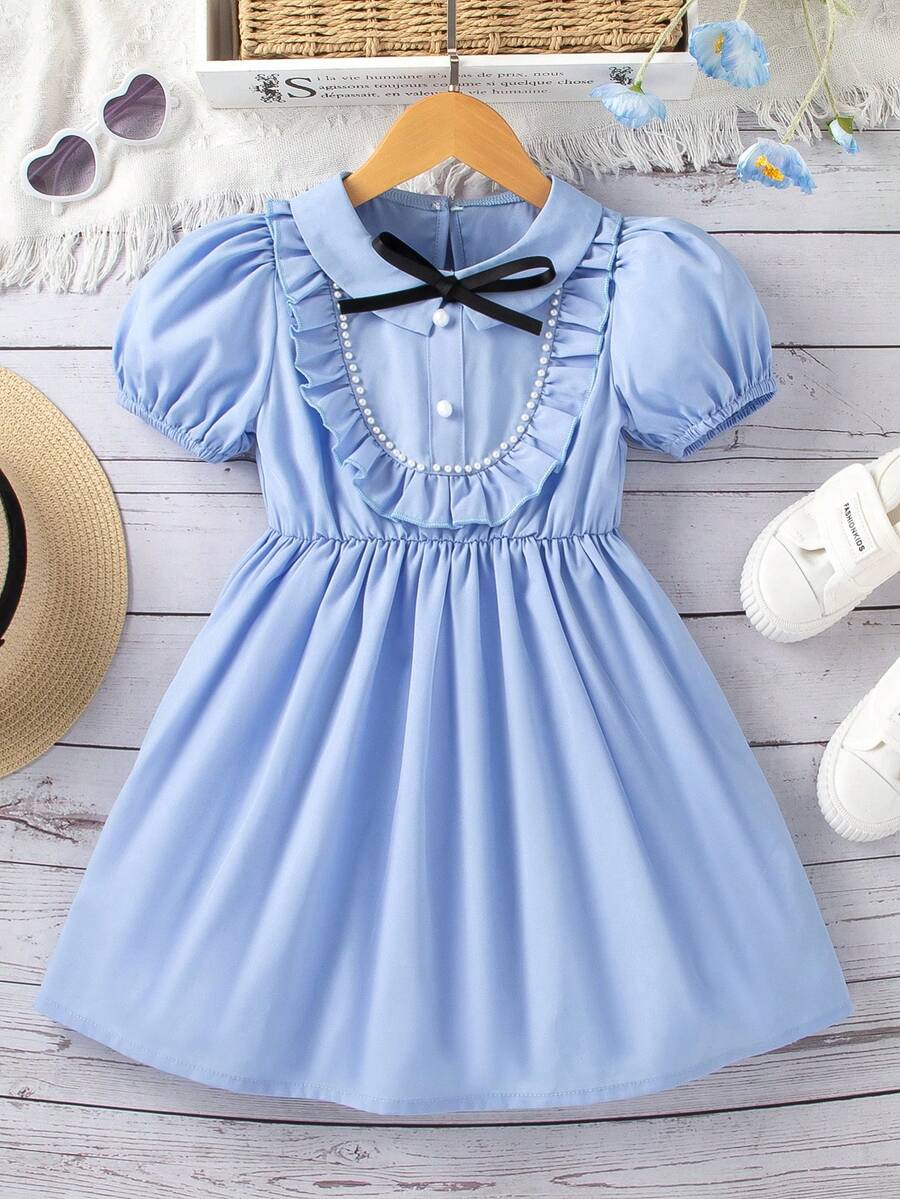 SHEIN Vestido De Manga Abullonada Y Detalles Con Cuentas Para Niñas Jóvenes - Azul - Ver 1