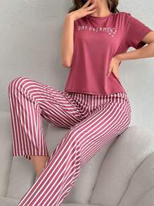 Women's Letter Printed T-shirt And Striped Pants Pajama Set