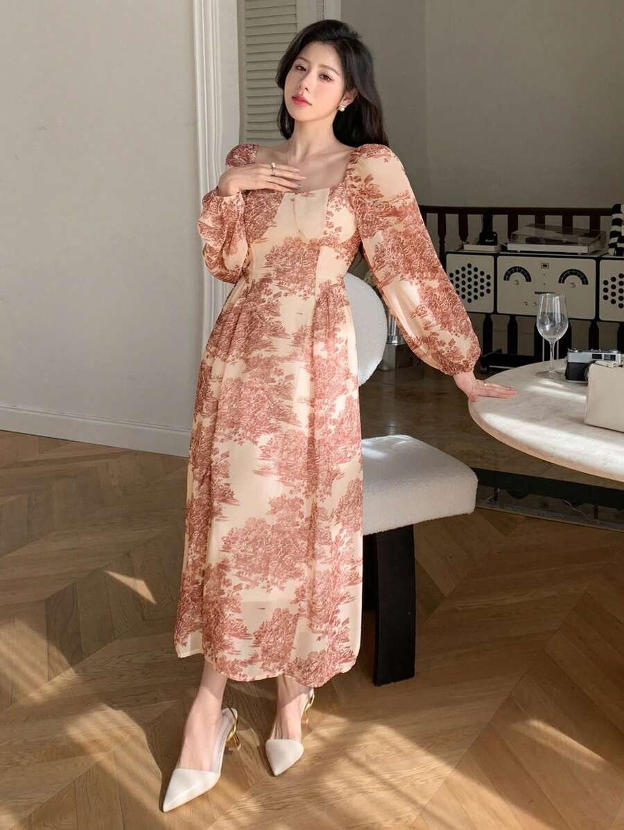 DAZY Printed Soft Style Square Neckline Dress,Ruffle,Fall Dress Long Sleeve Dress