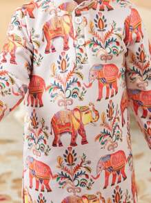 嬰兒男寶寶春夏季兩件式大象趣味印花可愛日常休閒套裝 - 彩色 - 查看 5