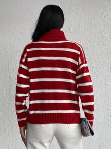 SHEIN Cottnline Zipper Front Drop Shoulder Sweater With Colorblock Stripes - Red - View 2