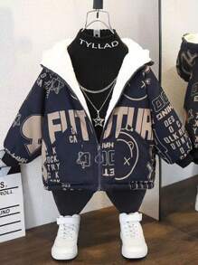 Chàng trai trẻ Hoạt hình In thư Lông cừu áo có mũ Áo khoác - màu đen - Xem 1