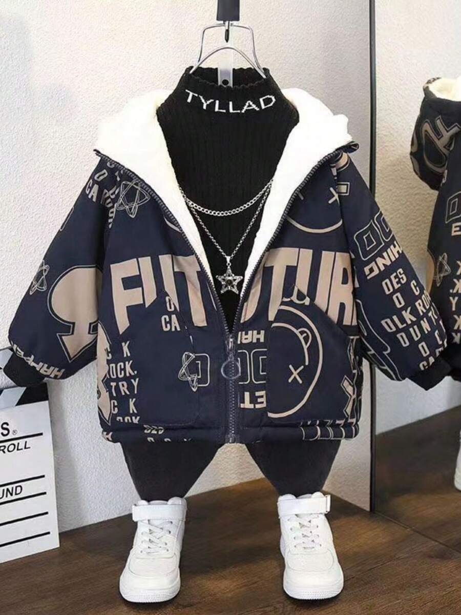 Chàng trai trẻ Hoạt hình In thư Lông cừu áo có mũ Áo khoác - màu đen - Xem 1