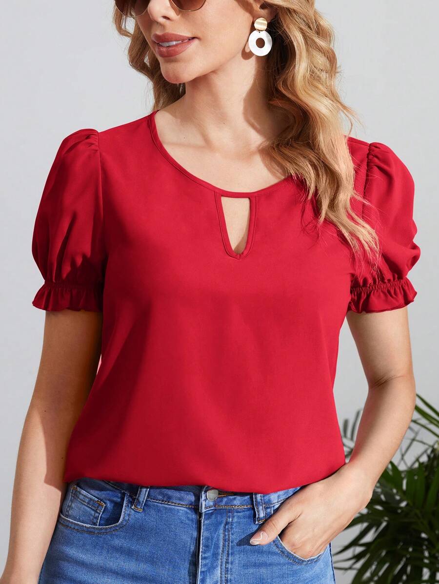 SHEIN Clasi Blusa De Mujer Con Cuello De Agujero Y Mangas Cortas Infladas - Rojo - Ver 1