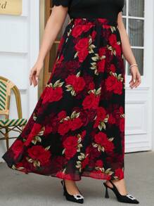SHEIN Clasi Plus-Size Flower Print Long Skirt