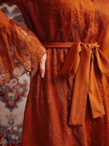 Al Najma Women's Patchwork Lace Ruffle Hem Swing Modest Dress - Orange - View 7