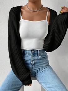SHEIN EZwear Màu thuần Linh hoạt Không tay Áo len Mở Với Mở Mặt trước - màu đen - Xem 7