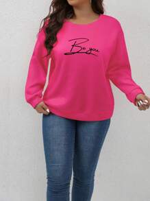 SHEIN Franclia Plus Size Letter Print Crew Neck Sweatshirt - Hot Pink - View 4