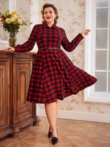 SHEIN DECDS Plus Size長袖格紋襯衫裙 - 紅色 - 查看 5