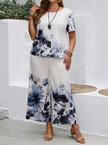 EMERY ROSE Conjunto de Dos Piezas de Mujer Talla Grande con Blusa de Manga Corta Estampada Floral y Pantalón de Pierna Ancha para Primavera y Verano - Multicolor - Ver 1