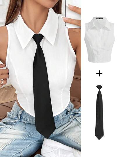 SHEIN EZwear Women's White Woven Sleeveless Blouse With A Matching Tie
