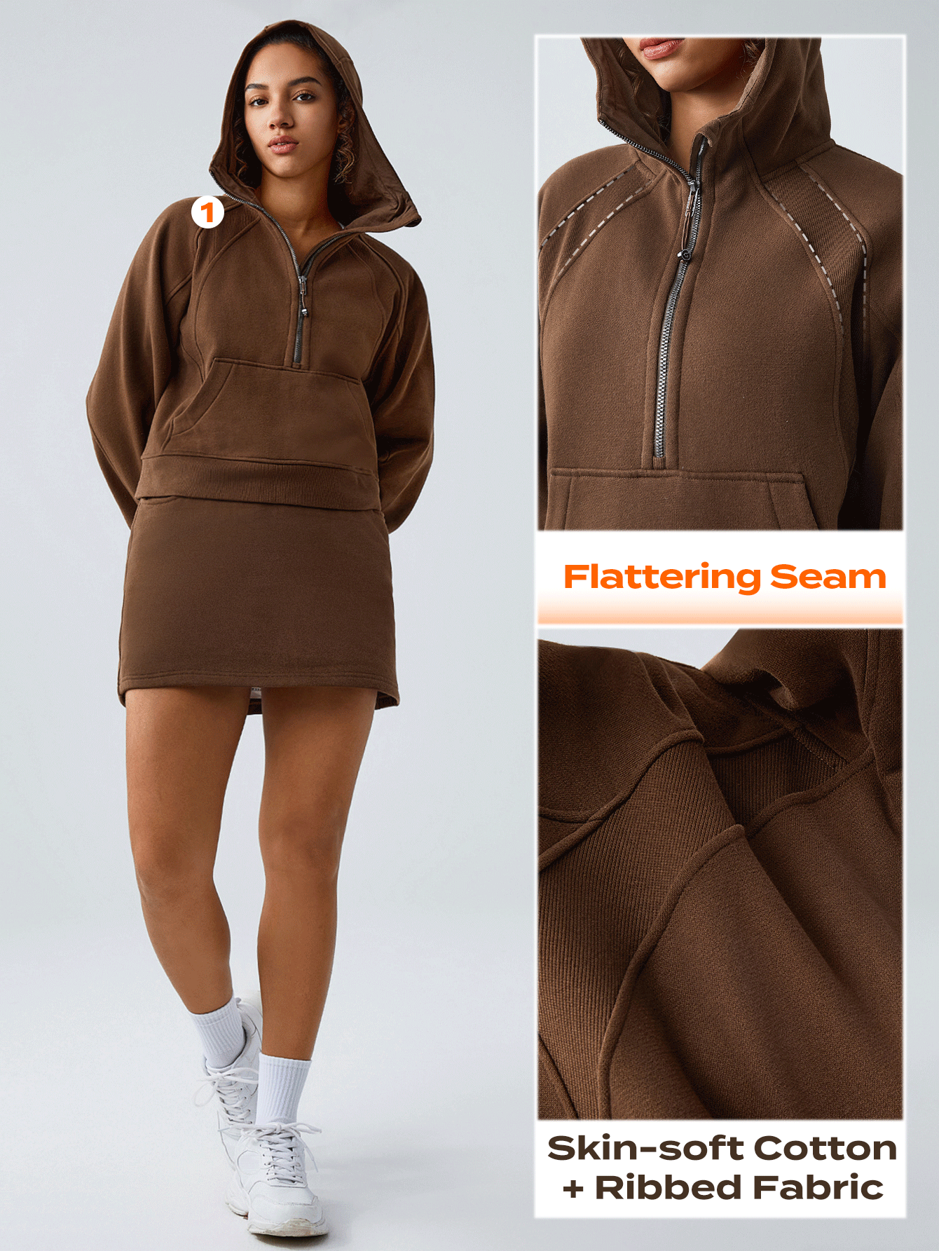 GLOWMODE COTTON-BLEND Lông cừu Thuộc thân thể Nửa Zip Túi kangaroo Hoodie Thoải mái Ấm áp - Cocoa - Xem 5