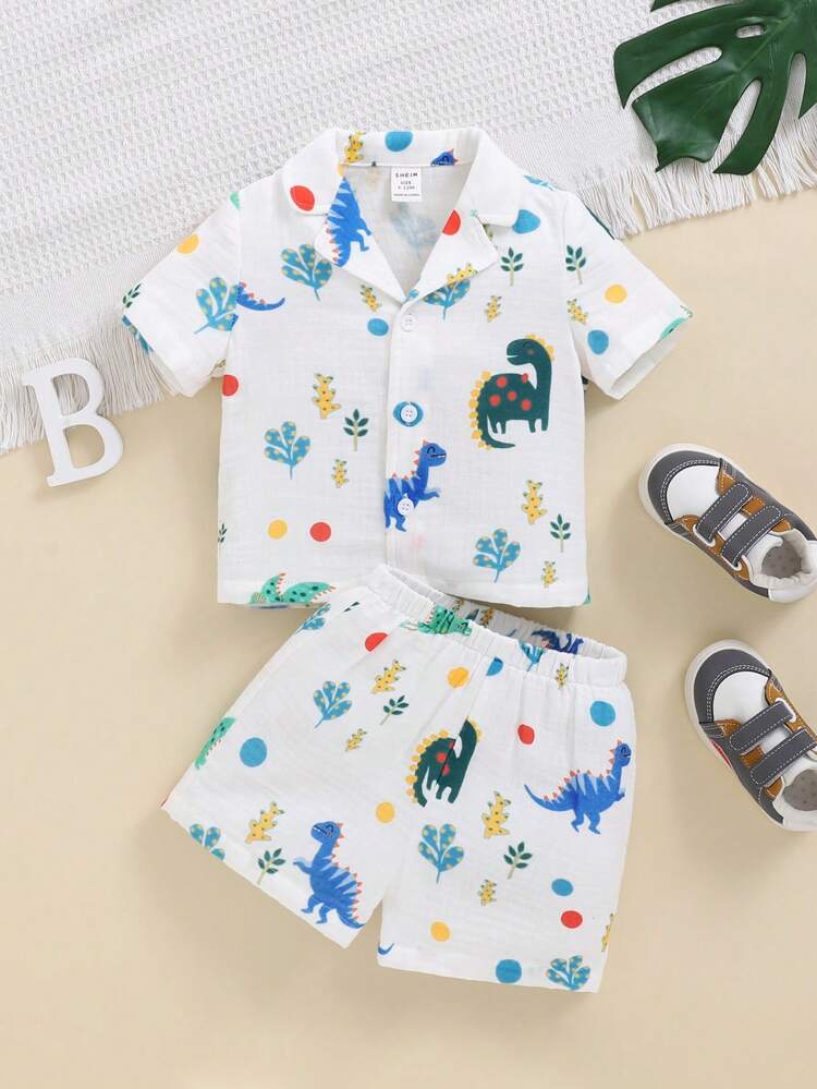 Baby Boys' Cute Dinosaur Printed Shirt And Shorts Homewear Set In Crinkle Fabric