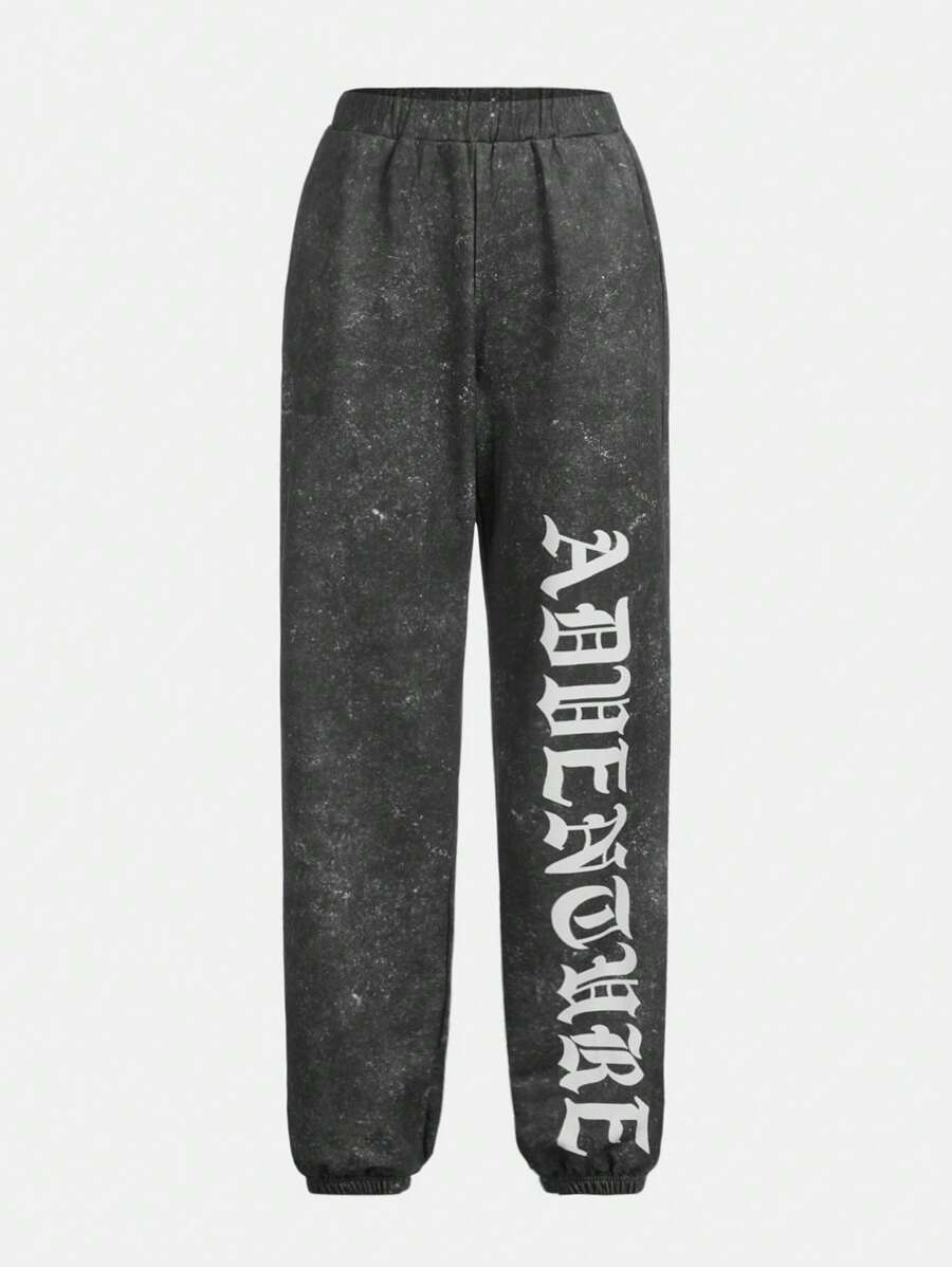 Teenage Girls' Relaxing Joggers With Knitted Letter Print Pattern And Inclined Pockets - Black - View 1