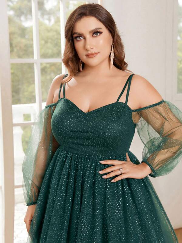 SHEIN Belle Elegant și atmosferic verde decolteu pe un singur umăr, ușoară, plasă cu sclipici fin, felinar, absolvire, cu mânecă lungă, în formă de inimă, gât, plasă, elegantă, pufoasă, cu tivul în formă de A, rochie de nuntă pentru ziua de Paști.