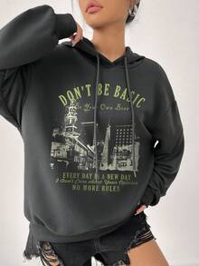 SHEIN EZwear 女士連帽衫,印有標語字樣 - 深灰色 - 查看 3