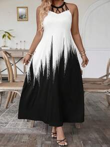SHEIN Clasi Vestido De Talla Grande Con Cuello Halter Y Gradientes De Colores - Blanco y Negro - Ver 5