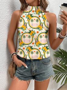SHEIN VCAY Women's Full Print Halter Neck Blouse