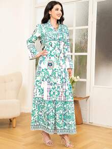 Elegant V-Neck Floral And Plant Button Belted Long Sleeve Dress - Multicolor - View 3