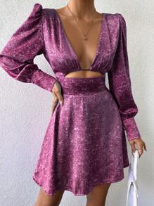 EURMUSE Ladies' Jacquard Lace Cutout Dress - Violet Purple - View 3