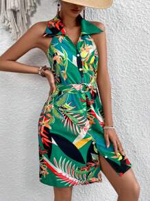 SHEIN VCAY Vestido Camisa De Mujer Con Diseño De Plantas Impresas