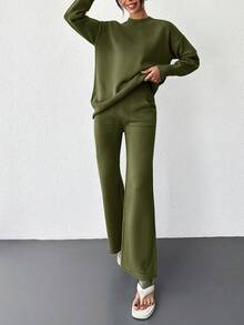 EURMUSE Women's Solid Color Round Neck Drop Shoulder Sweater And Pants Set - Khaki - View 5