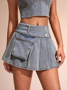 SHEIN BAE 女式工裝風格褶皺與口袋牛仔裙 - 藍色 - 查看 4