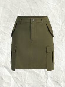 SHEIN EZwear Flap Pocket Side Cargo Skirt - Army Green - View 1