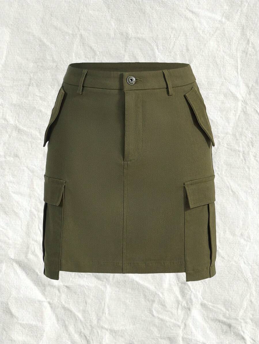SHEIN EZwear Flap Pocket Side Cargo Skirt - Army Green - View 1