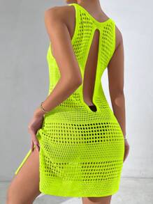 Swim Vcay Summer Outfits For Women Solid Color Hollow Out Knitted Cover Up Summer - Lime Green - View 2