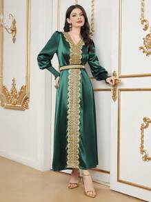 Al Najma Tiếng  Ả Rập Phong cách Của phụ nữ Thêu Cổ v Shirred Cuff Áo choàng Abaya Đầm - Màu xanh lá cây đậm - Xem 3