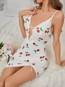 Vestido De Dormir Sin Mangas Con Diseño De Cereza - Blanco - Ver 5